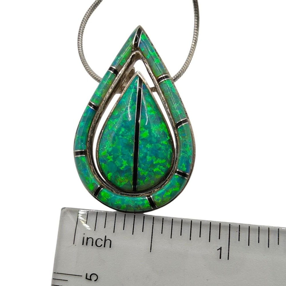 Sterling Silver Green Opal Inlay Teardrop Pendant Necklace Southwest Style 18.5" - Picture 3 of 9